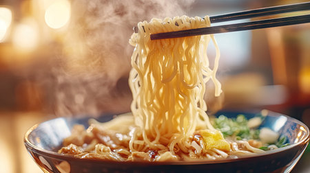 Chopsticks picking up hot noodles from a bowl, with the noodles glistening and steam curling in the air, creating a cozy atmosphere. --chaosの素材