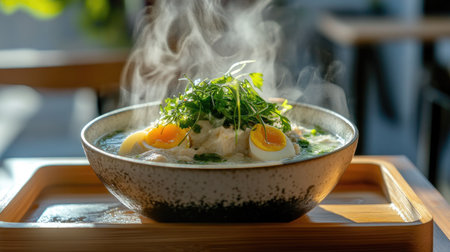A steaming bowl of clear soup with egg tofu, minced pork, and fresh herbs, served on a wooden tray. --chaosの素材