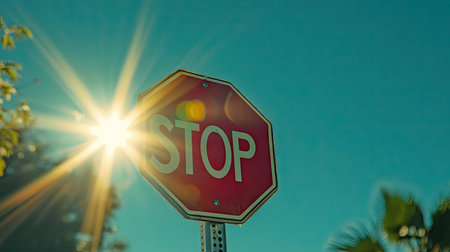 Close-up of a stop sign reflecting bright sunlight, with lens flare in the background and a clear blue sky above. --chaosの素材