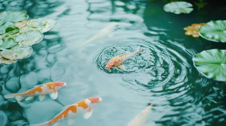 Close-up of fancy carp feeding near the surface, their mouths open and creating small ripples in the clear pond water. --chaosの素材