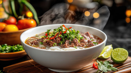 Close-up of Pho Bo soup with beef in a white bowl, with steam rising from the broth, and fresh herbs and lime wedges on the side. --chaosの素材
