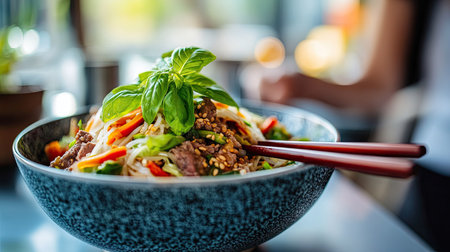 Close-up of Pho Bo soup with beef, rice noodles, and fresh basil, served in a bowl with chopsticks resting on the rim. --chaosの素材
