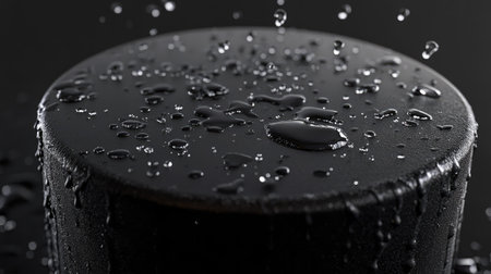 Close-up view of a black podium with water splashing over it, droplets creating a textured and dynamic visual impact. --chaosの素材