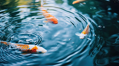 Close-up of the colorful scales of fancy carp swimming in a clear pond, their movement creating ripples and light patterns on the water. --chaosの素材