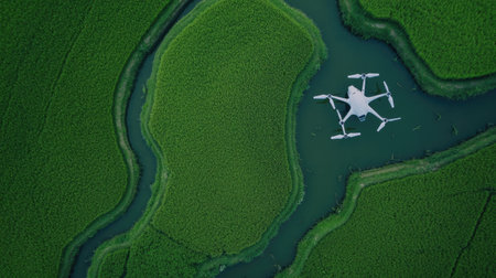 Drone hovering over a rice field, taking photos of the vibrant green paddies and the winding irrigation channels below. --chaosの素材