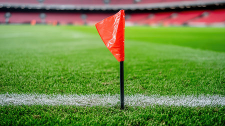 Close-up view of a corner flag on a football pitch, with the green grass stretching out and the stadium seats in the distance. --chaosの素材