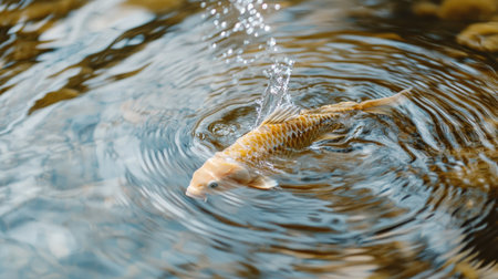 Colorful fancy carp swimming gracefully in a clear pond, with rippling water reflecting light and creating a tranquil atmosphere. --chaosの素材
