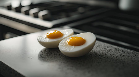 Peeled hard-boiled eggs on a kitchen countertop, with one egg sliced in half to display the perfectly cooked yolk. --chaosの素材