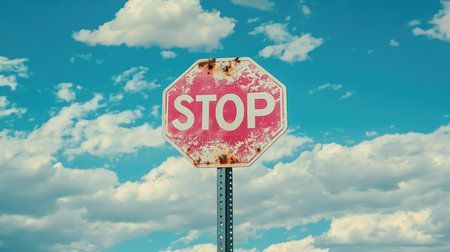 Close-up view of a stop sign against a cloudy sky, with the texture of the metal and slight wear visible on the surface. --chaosの素材