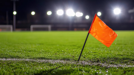Corner flag in a football stadium, standing at the edge of a lush green pitch with a backdrop of empty stands and floodlights. --chaosの素材