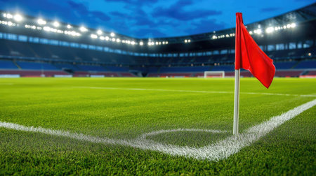Corner flag in a football stadium, standing at the edge of a lush green pitch with a backdrop of empty stands and floodlights. --chaosの素材