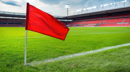 Corner flag in a football stadium, standing at the edge of a lush green pitch with a backdrop of empty stands and floodlights. --chaosの素材