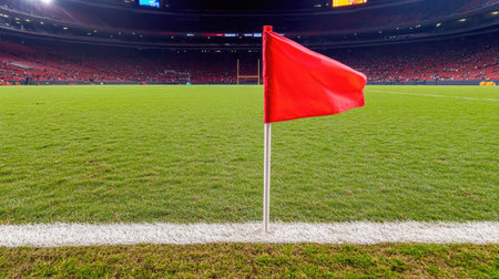Corner flag placed at the edge of the football field, with the white corner marking clearly visible, in an empty stadium. --chaosの素材