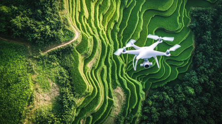 Drone equipped with a camera flying above rice paddies, taking aerial photos of the vivid green crops and winding irrigation paths. --chaosの素材
