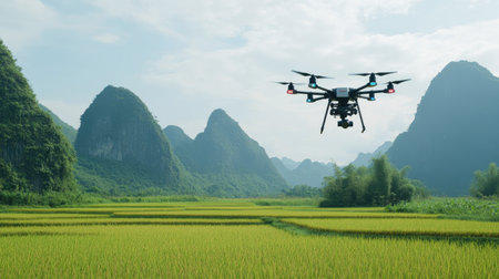Drone flying over a rice field with mountains in the background, capturing the stunning natural landscape and the vibrant crops. --chaosの素材