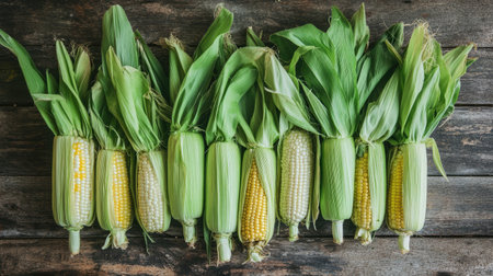 Fresh young corn on the cob arranged in a row, with green husks partially peeled back, on a rustic wooden table. --chaosの素材