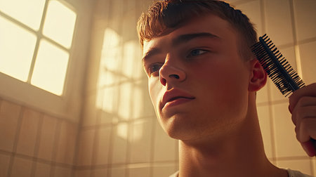 Man holding a hairbrush, styling his hair in a modern way, with a trendy haircut and a minimalist bathroom background. --chaosの素材