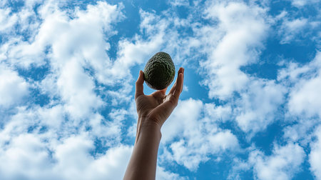 Hand raising a ripe avocado against a cloudy sky, with the blue sky peeking through the clouds, creating a fresh and natural scene. --chaosの素材