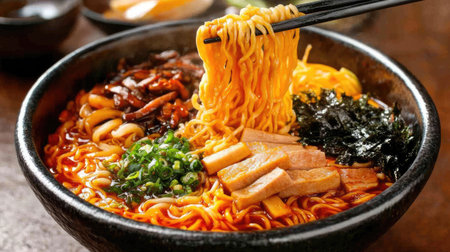 Noodles being lifted from a hot bowl by chopsticks, with a variety of toppings such as sliced meat, greens, and mushrooms in the dish. --chaosの素材