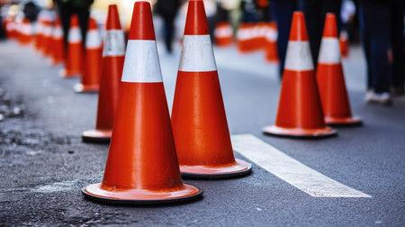 Group of traffic cones on a suburban street, placed around a utility work area with equipment and workers visible. --chaosの素材