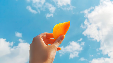 Person's hand holding a papaya slice up to the cloudy blue sky, with the fruit's orange flesh contrasting against the soft sky tones. --chaosの素材