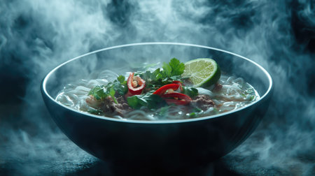 Pho Bo soup with beef and rice noodles in a steaming hot broth, garnished with fresh cilantro, Thai basil, and a slice of lime. --chaosの素材