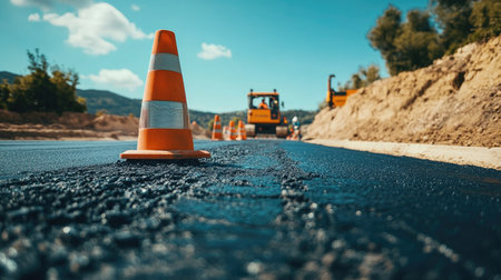 Row of traffic cones placed on a freshly paved road, with a construction sign nearby and workers in the background. --chaosの素材