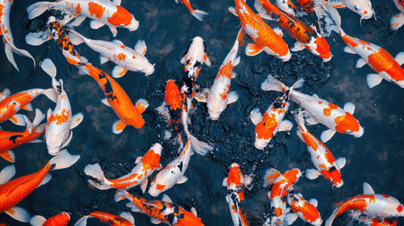 Top-down view of fancy carp in a calm pond, showcasing the vivid orange, white, and black patterns on their scales. --chaosの素材
