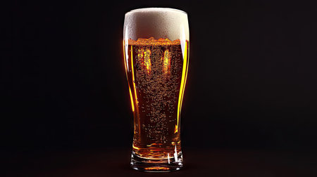 Tall glass of beer with a thick foam head on a black background, illuminated from behind for a dramatic effect. --chaosの素材
