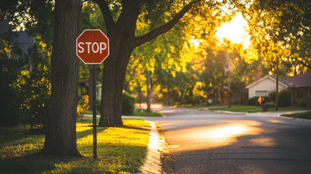 Stop sign on a quiet suburban street, with trees and houses in the background, bathed in soft afternoon sunlight. --chaosの素材