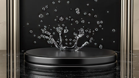 Sleek black podium encircled by a water splash, with droplets sparkling in the light, evoking a sense of freshness and motion. --chaosの素材