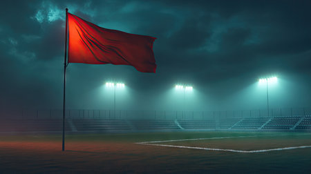 Red corner flag at the edge of the football pitch, with white lines and the empty stadium seating under evening floodlights. --chaosの素材