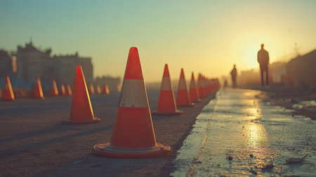 Row of traffic cones placed on a freshly paved road, with a construction sign nearby and workers in the background. --chaosの素材