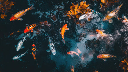 Top-down view of fancy carp in a calm pond, showcasing the vivid orange, white, and black patterns on their scales. --chaosの素材