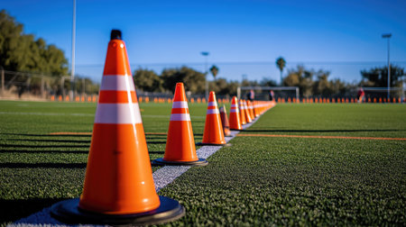 Traffic cones placed along the edge of a sports field, marking the boundary line, with players practicing in the background. --chaosの素材