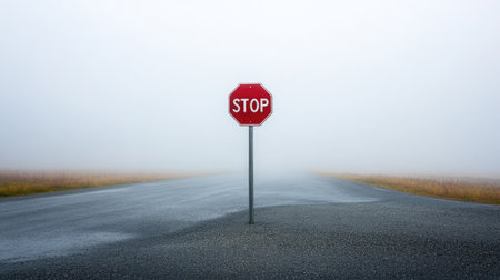 Red stop sign at an intersection on a foggy day, with low visibility and diffused light creating a soft background effect. --chaosの素材