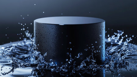 Sleek black podium encircled by a water splash, with droplets sparkling in the light, evoking a sense of freshness and motion. --chaosの素材