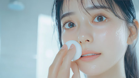 Young woman using a cotton pad to cleanse her face, removing makeup and revealing clean, fresh skin, in a bright bathroom. --chaosの素材