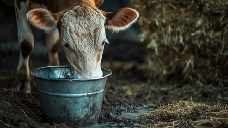 Traditional hand-milking of a dairy cow, with a farmer carefully collecting milk in a metal bucket, with hay bales in the background. --chaosの素材