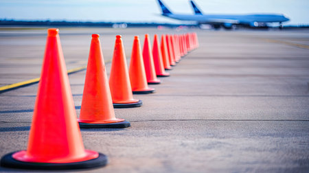 Traffic cones arranged in a straight line on an airport runway, marking a designated area with planes in the background. --chaosの素材