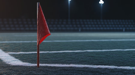 Red corner flag at the edge of the football pitch, with white lines and the empty stadium seating under evening floodlights. --chaosの素材