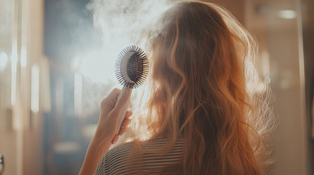 Woman holding a round hairbrush, blow-drying her hair for added volume, with steam and a modern bathroom setting. --chaosの素材