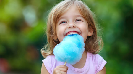 Young child holding a large stick of blue cotton candy, taking a bite with a big smile, outdoors on a sunny day. --chaosの素材