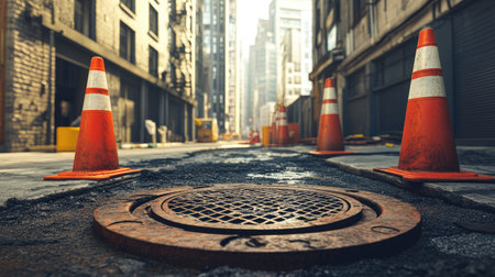 Traffic cones positioned around a manhole cover, indicating a work area, with urban buildings in the background. --chaosの素材