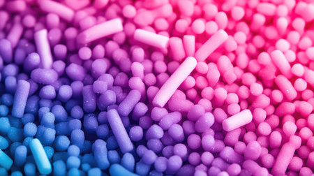 A close-up of candy sprinkles forming a gradient from light to dark colors, blending from pinks to purples and bluesの素材