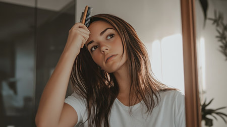 Woman holding a hairbrush in one hand, looking into a mirror as she brushes her hair, with a neat bathroom setting. --chaosの素材