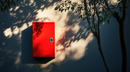 A fire hose cabinet installed on an exterior wall, with sunlight casting shadows on the bright red box and surrounding areaの素材