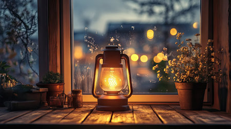 A cozy night scene with an oil lamp as the centerpiece on a wooden table, surrounded by vintage decor.の素材