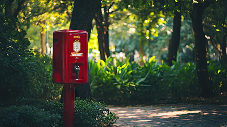A fire hose cabinet in an outdoor setting, mounted on a post in a public park, with trees and greenery in the backgroundの素材