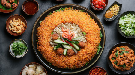 A family-style meal featuring a large serving of fried bee hoon on a platter, surrounded by various side dishes and condimentsの素材